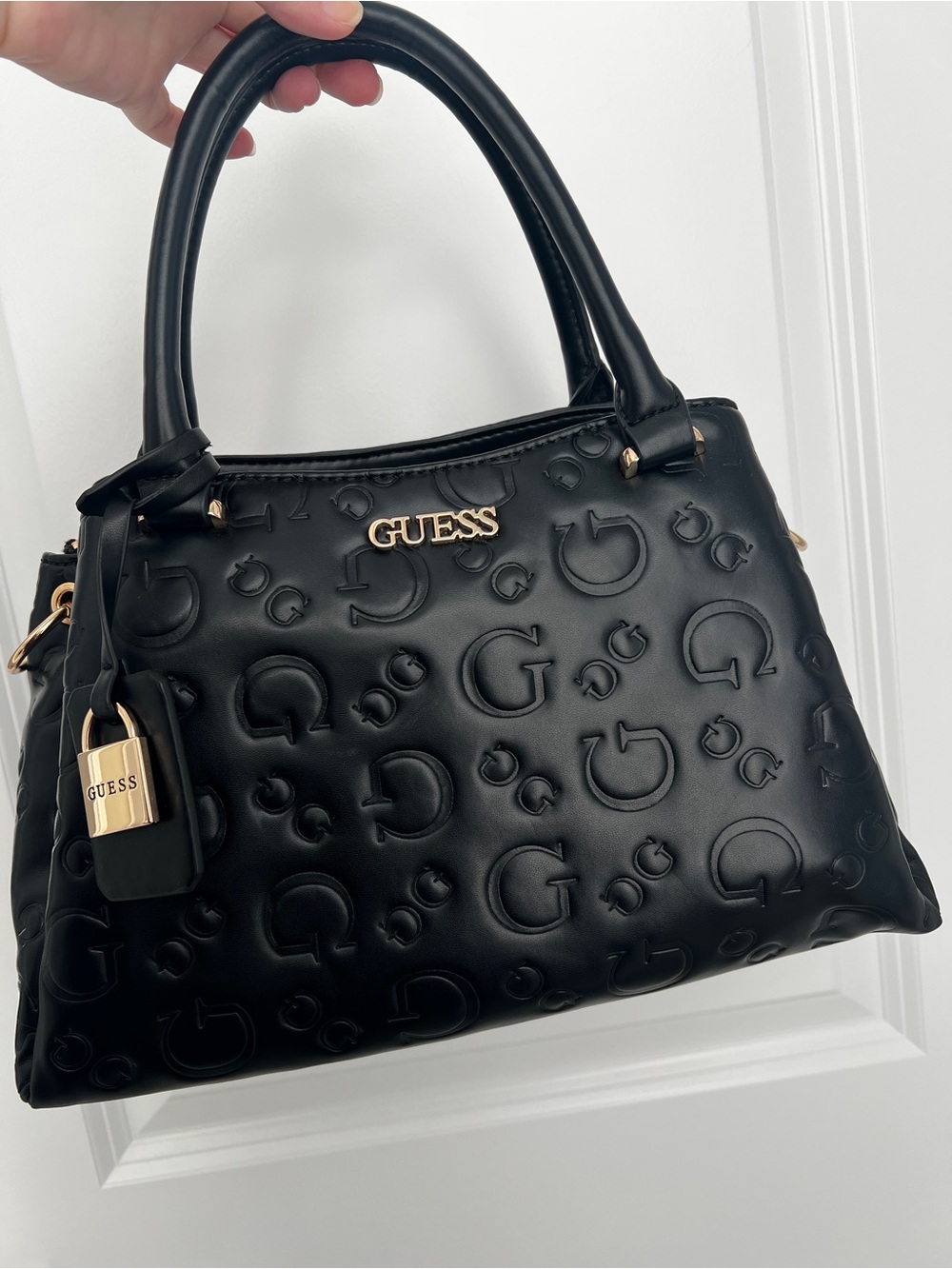 GUESS Embossed Satchel in Black